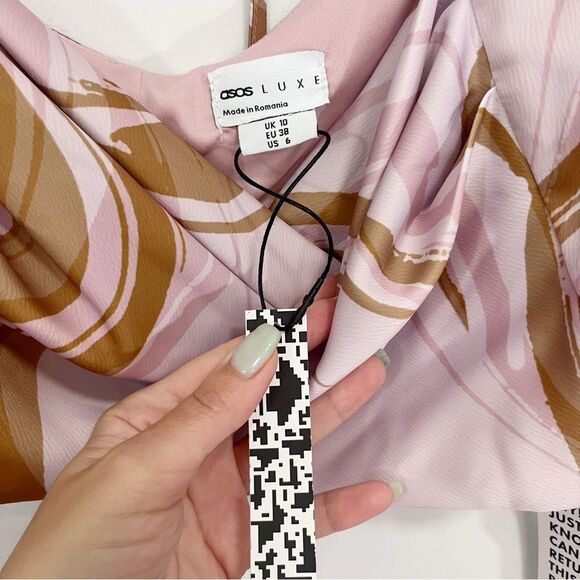 ASOS DESIGN Long Sleeve Cowl Front Pink Marble Crop Top US 6 - Picture 5 of 10